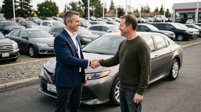 Dealer shaking hands with a consumer seller beside a used car on a dealership lot
