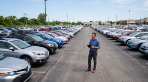Dealer reviewing a used car lot with a tablet on a clear summer day