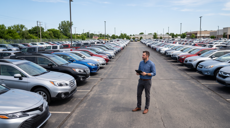Dealer reviewing a used car lot with a tablet on a clear summer day