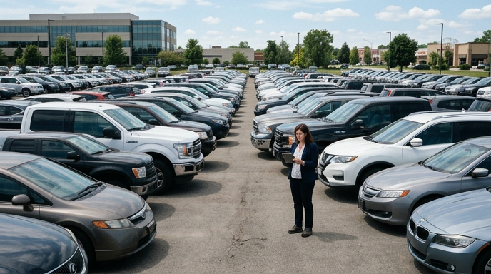 Dealer reviewing rows of varied trucks and SUVs on a lot with a tablet