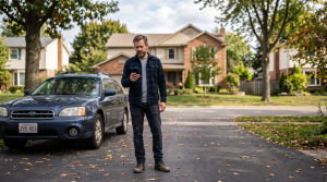 Man in his driveway weighing whether to sell his car or trade it in, checking his phone