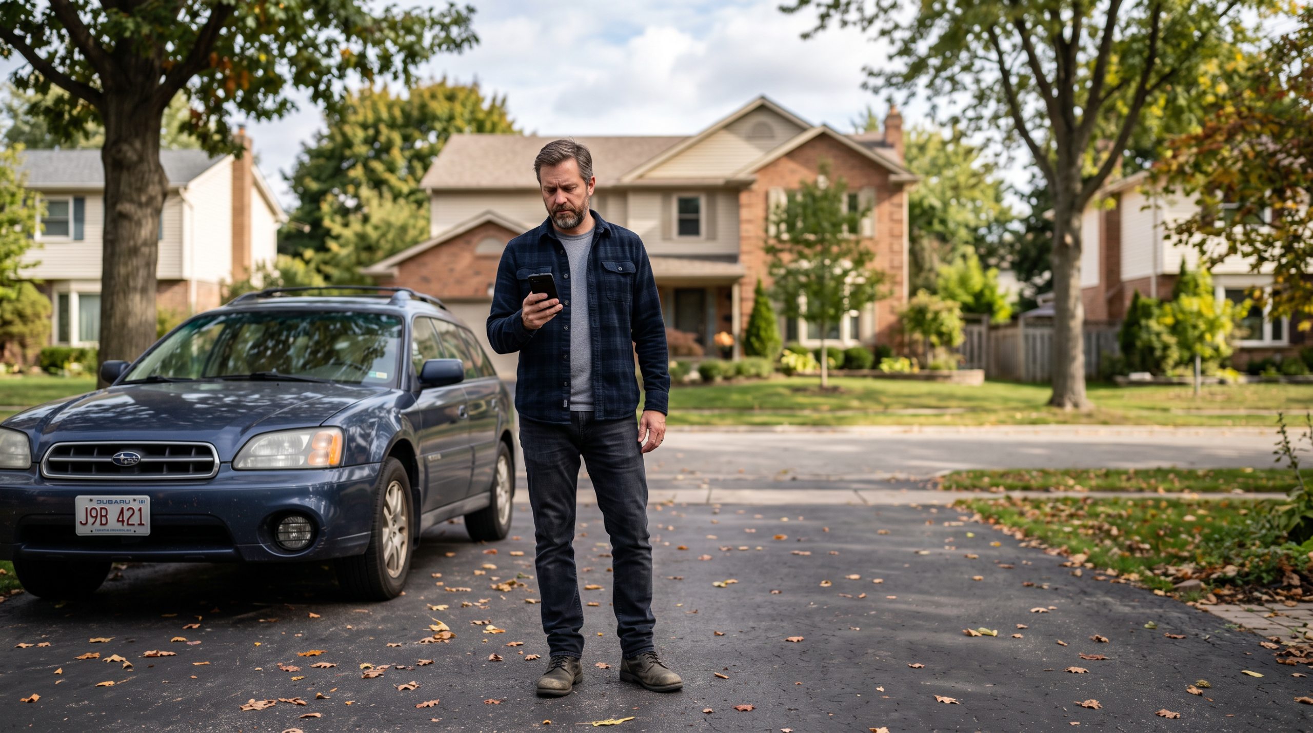 Man in his driveway weighing whether to sell his car or trade it in, checking his phone