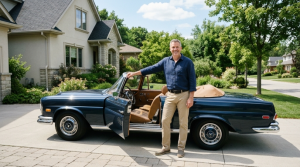 Man beside a convertible with the top down in a sunny driveway