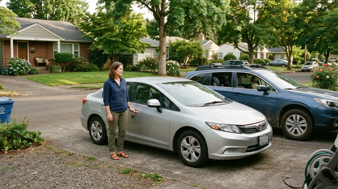 Woman with keys standing beside a second car in a suburban driveway