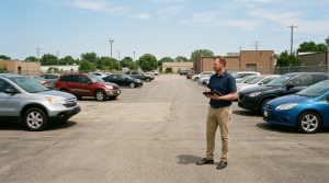 Dealership manager with a tablet standing in a sparsely stocked used car lot in summer
