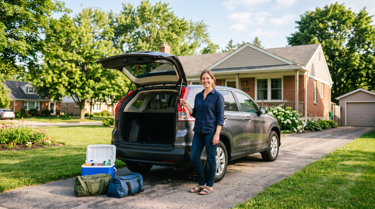 Woman with car keys beside a packed SUV in a summer driveway ready for a road trip