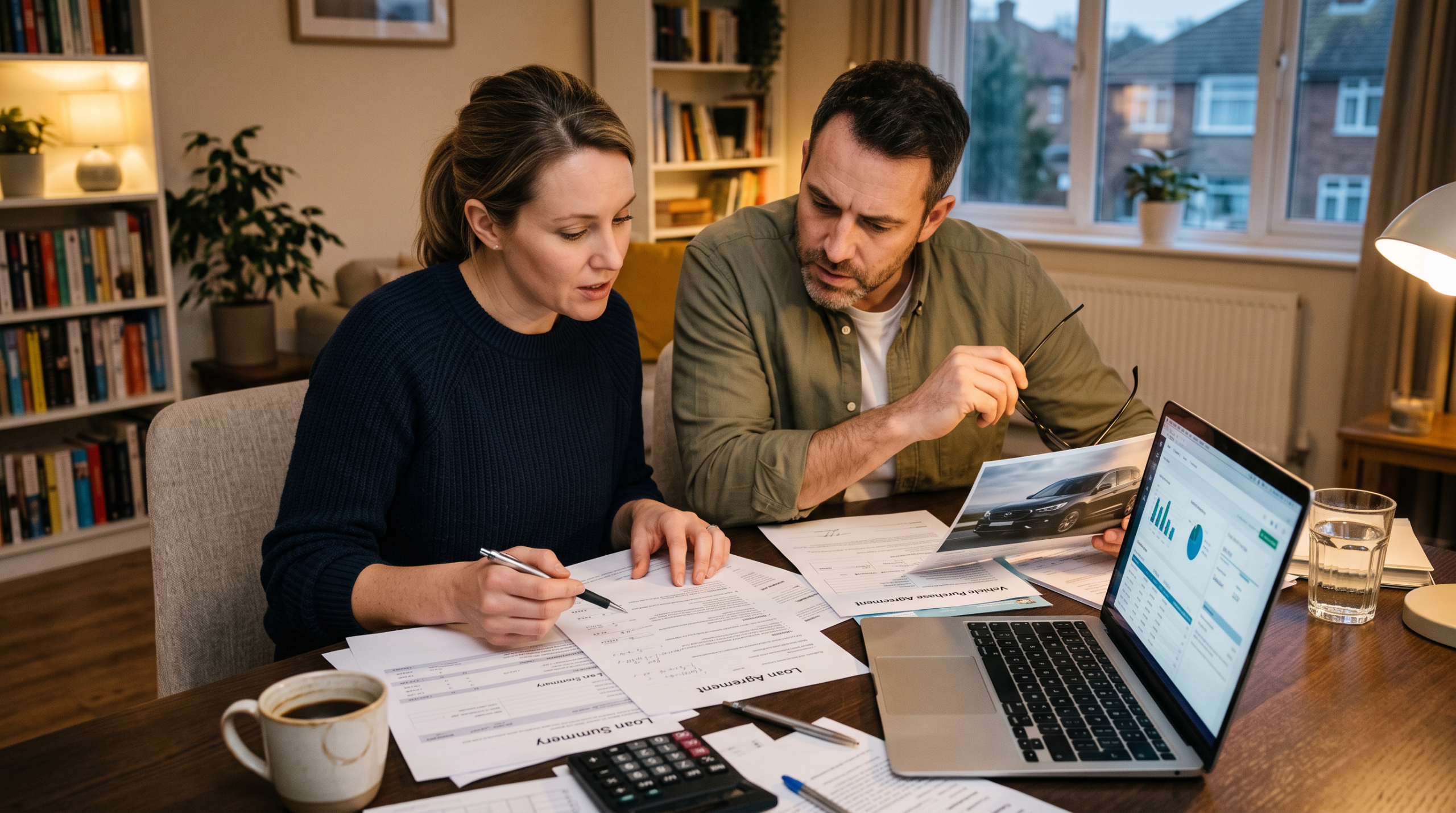 Couple at a home desk reviewing loan and car documents together to work through negative equity