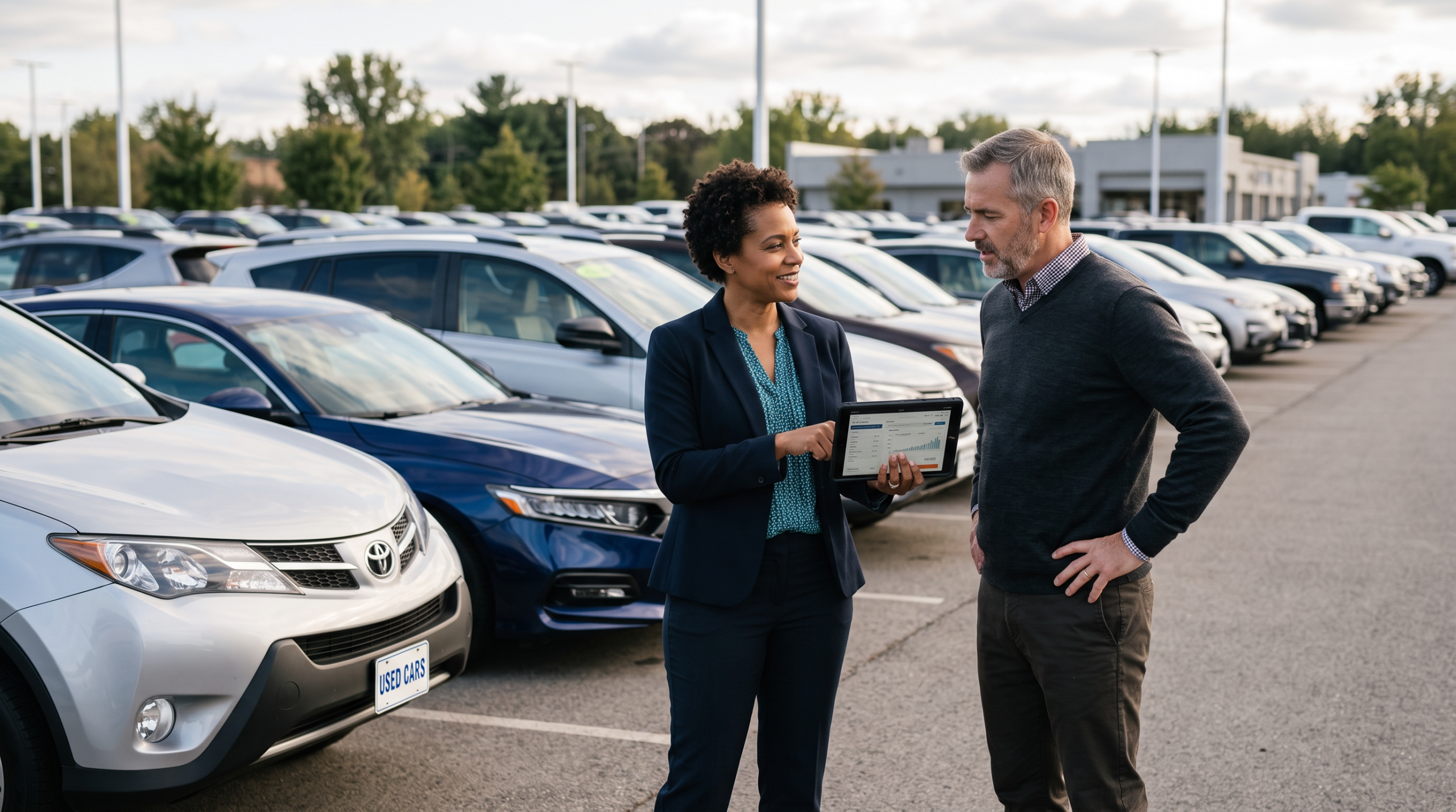 Two dealership colleagues reviewing used car pricing on a tablet beside inventory