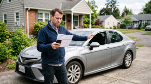 Seller in his driveway comparing a vehicle appraisal sheet against a figure on his phone with a skeptical expression