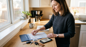 Seller organizing a vehicle title, driver's license, car keys, and a phone showing her Clairvo Offer Pass before an appointment