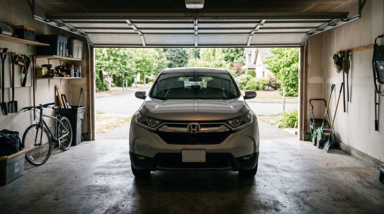 A car parked in a home garage with the door open, suggesting a decision to keep or sell