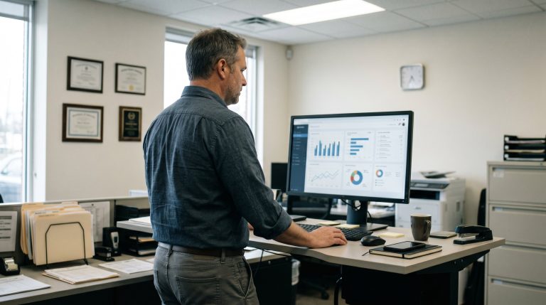 A dealer general manager reviewing inventory and lead data on a dashboard display in their office