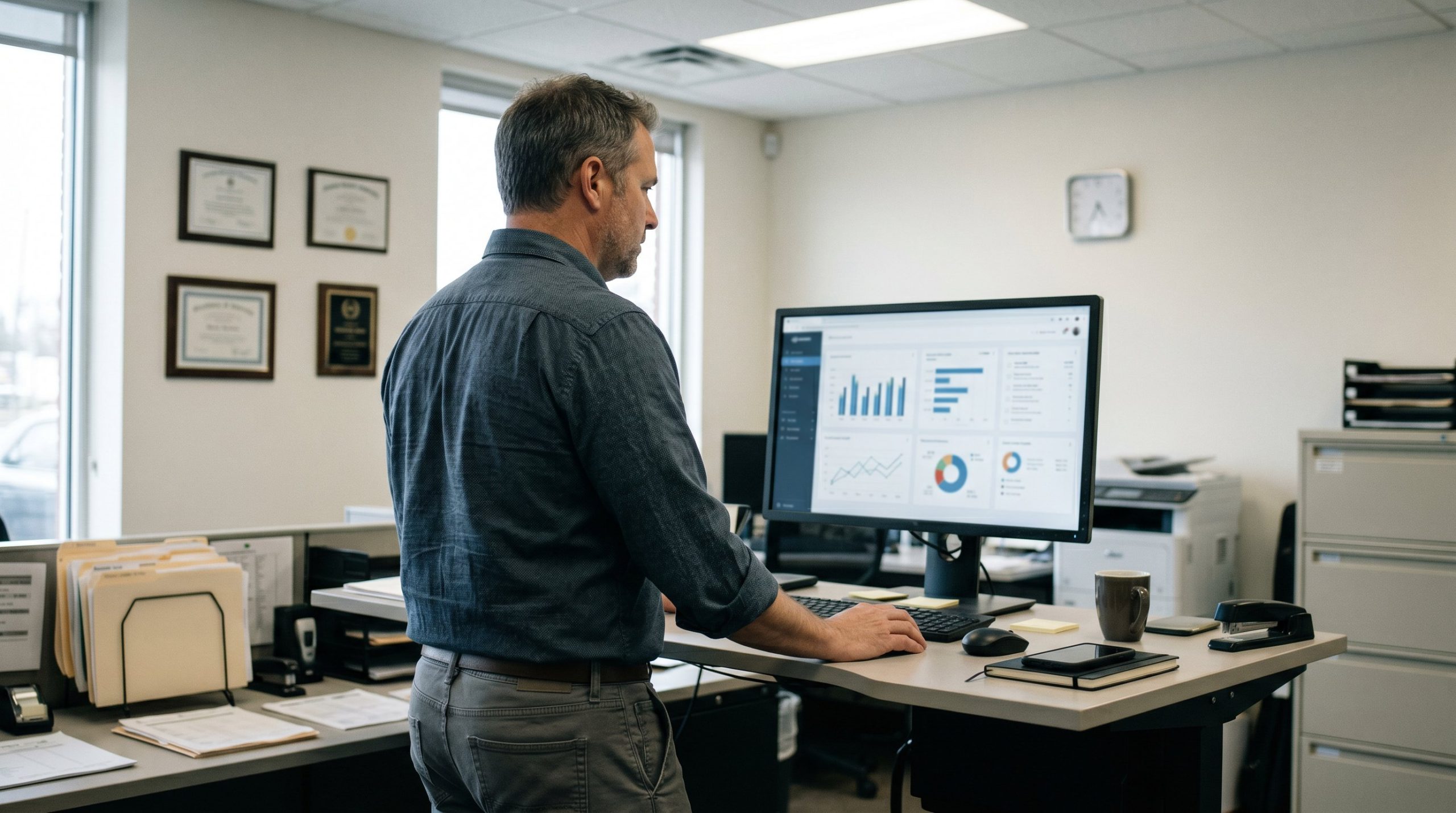 A dealer general manager reviewing inventory and lead data on a dashboard display in their office