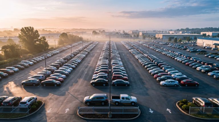 A used car dealership lot at dawn with rows of inventory ready for the business day