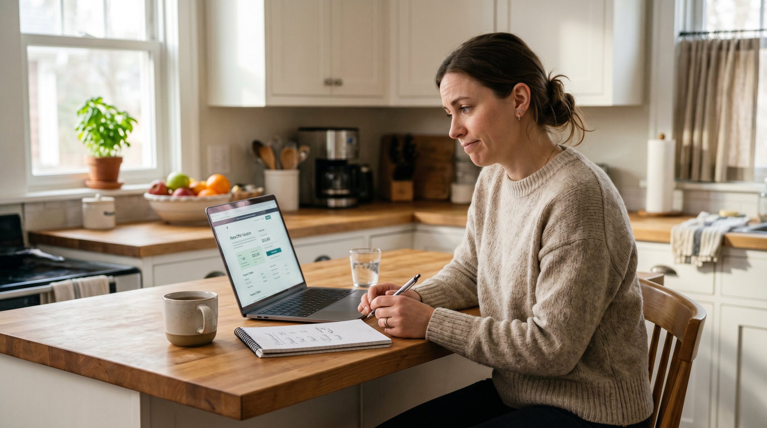 A car seller looking skeptically at an instant offer result on her laptop while taking notes