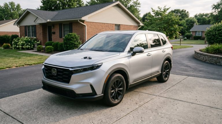A silver SUV parked in a driveway with car keys resting on the hood