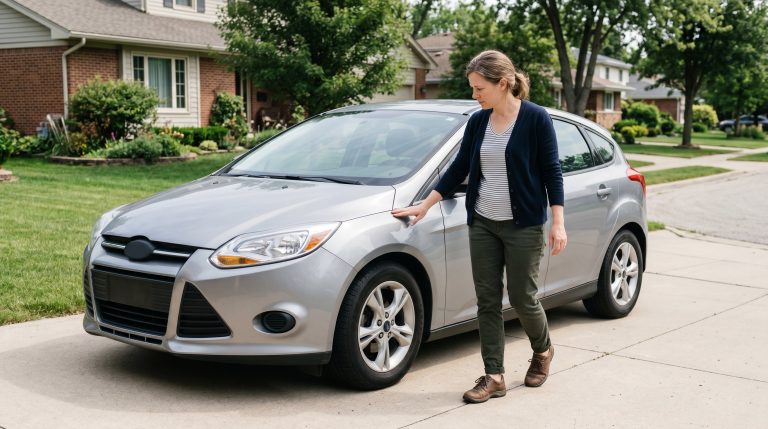 A woman walking around her car in a driveway inspecting it for condition before selling