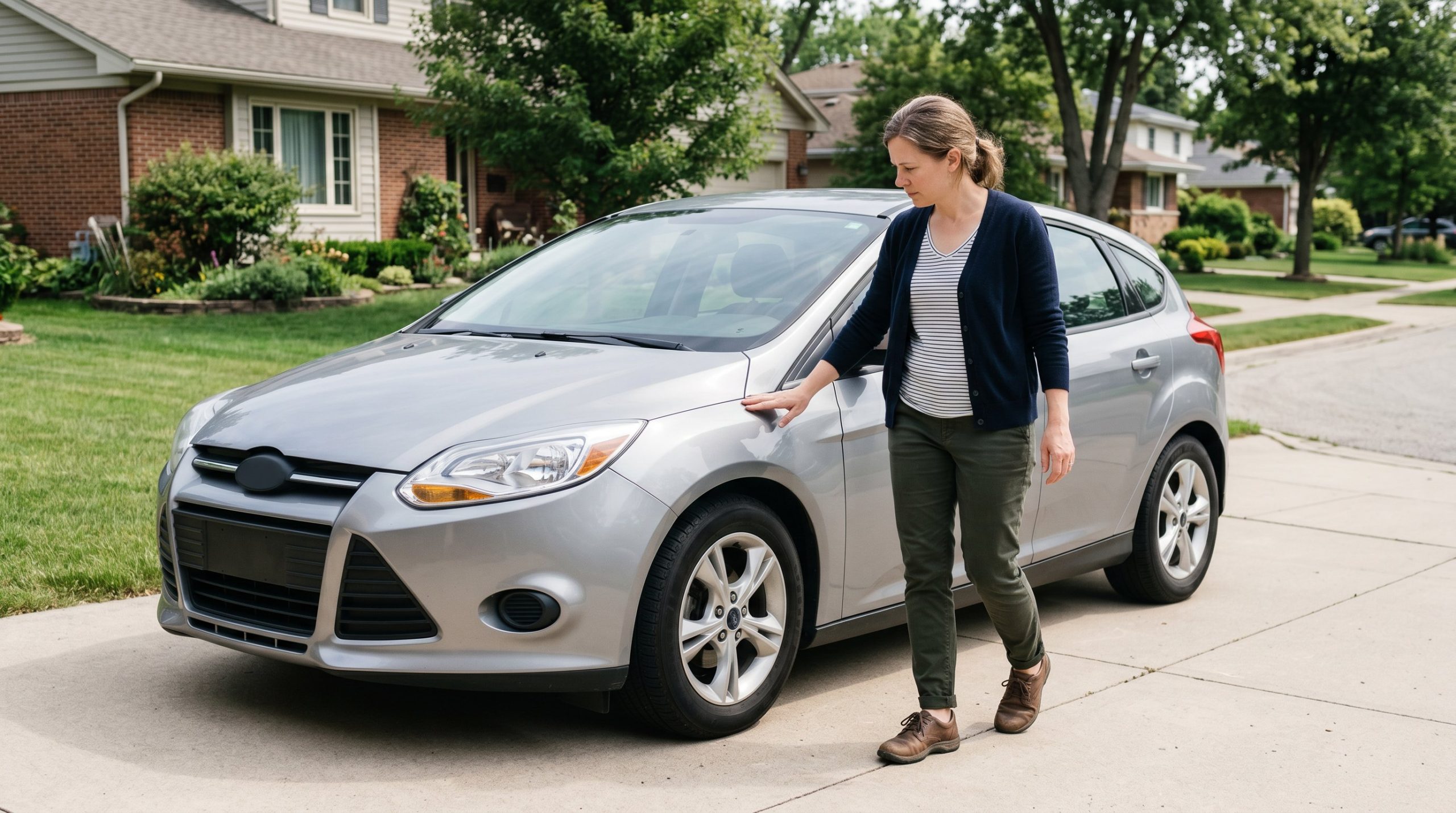 A woman walking around her car in a driveway inspecting it for condition before selling