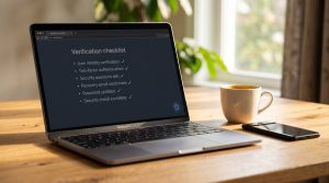 A laptop displaying a checklist for online car selling safety with a coffee mug nearby