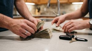 A close-up of hands counting cash from a recent car sale on a kitchen counter
