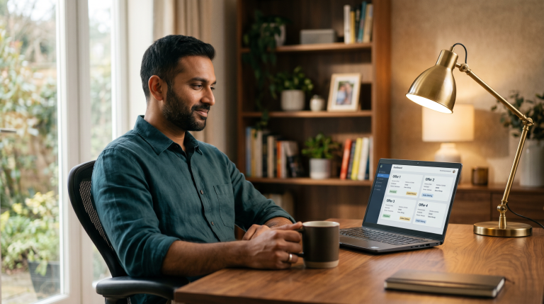 A car seller reviewing multiple competing dealer offers side by side on a laptop