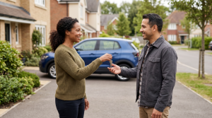 A confident car seller ready to complete a fast sale