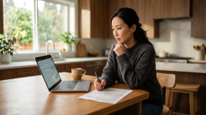 A prepared seller reviewing car sale documents at home before accepting any offer to avoid getting ripped off