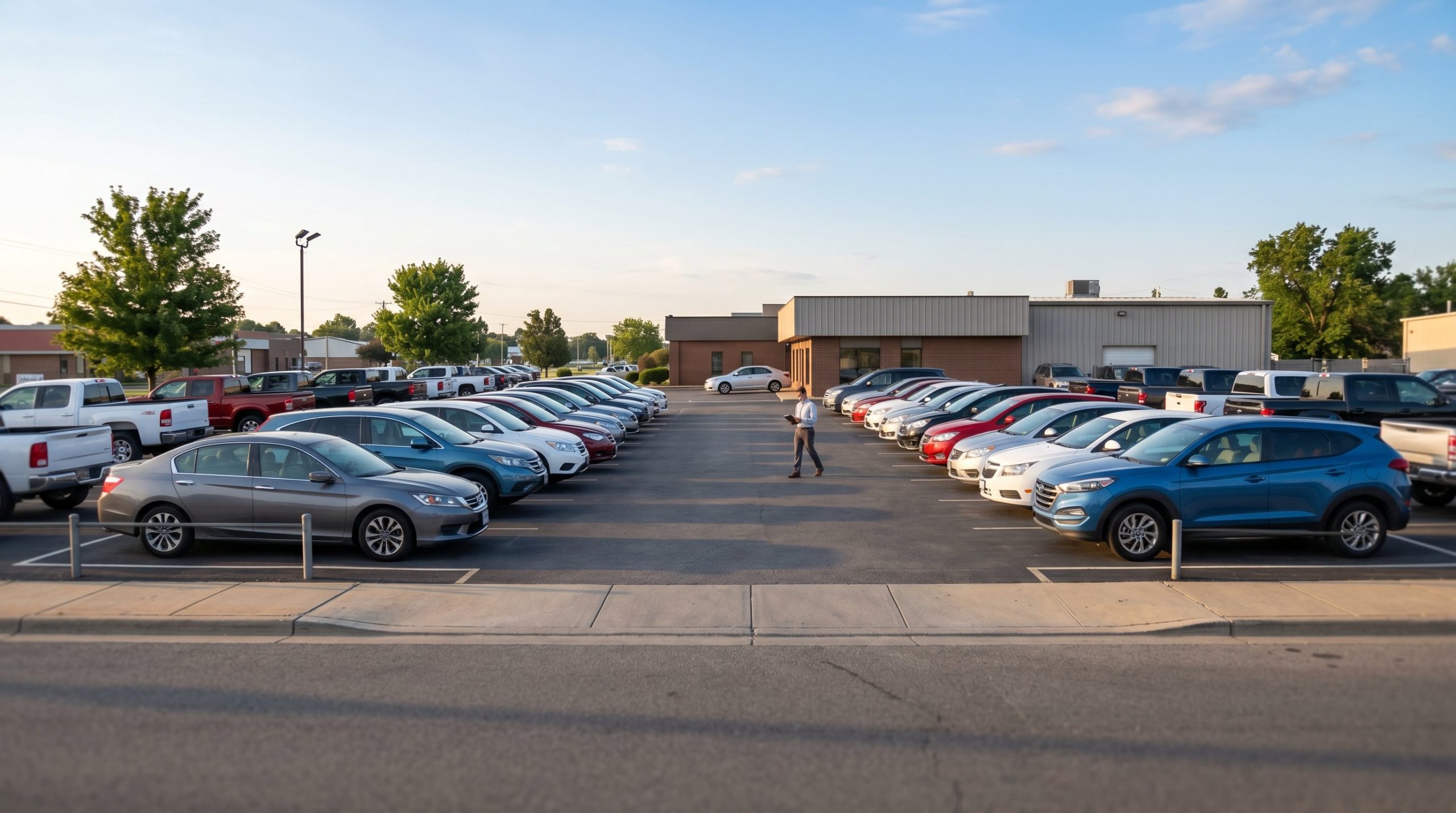 A clean local car dealership lot in morning light with a salesperson visible at a distance preparing for the day