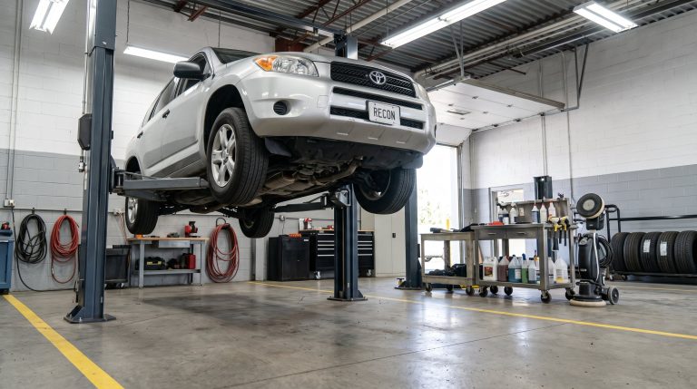 A used SUV on a service lift in a dealership reconditioning bay with detailing equipment nearby