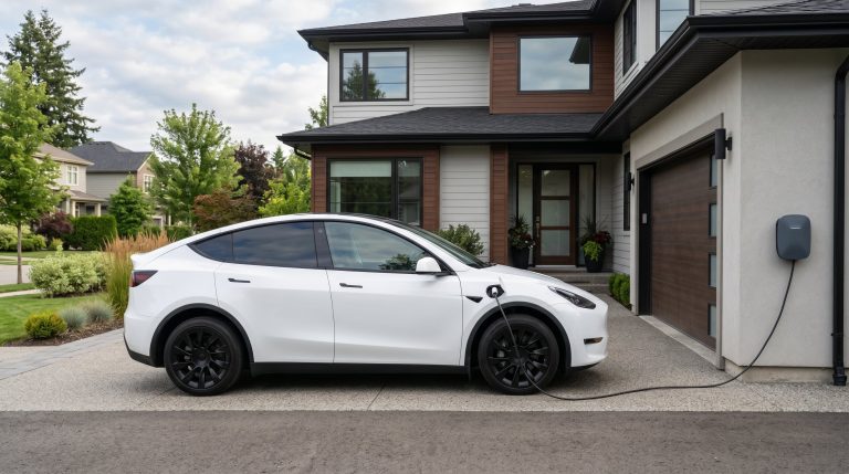 A modern electric crossover plugged into a generic home charging station in a residential driveway