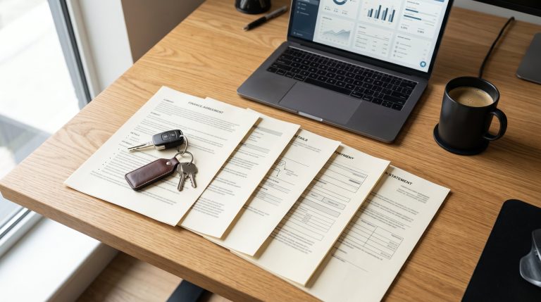 A car loan document, car keys, and a laptop with a generic dashboard on a desk