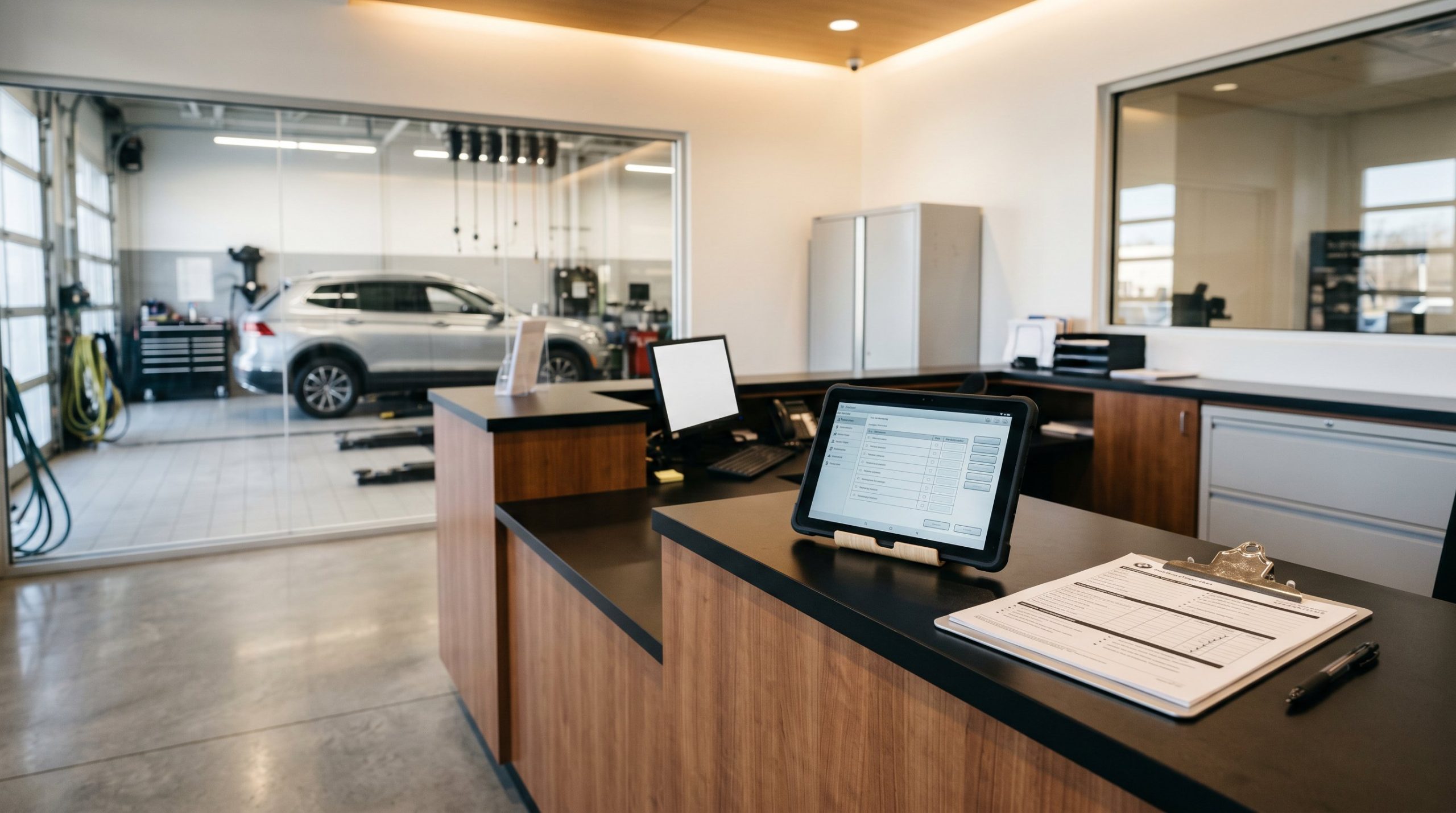A dealership service write-up station with a tablet and a vehicle visible in the service bay behind