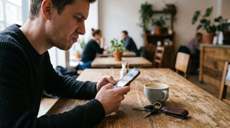 A person looking at a smartphone with a focused skeptical expression while holding car keys representing caution about scam buyer messages