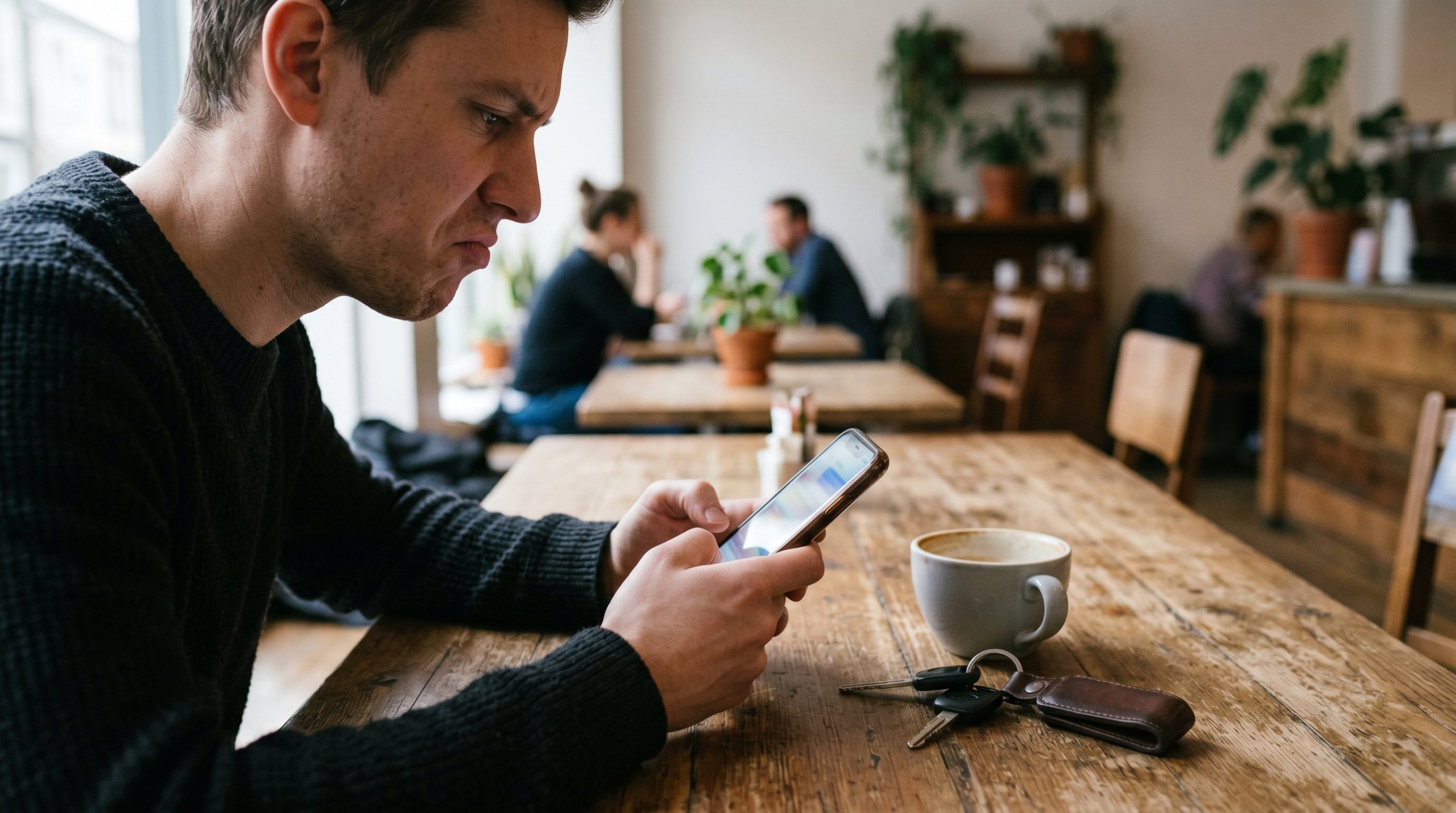 A person looking at a smartphone with a focused skeptical expression while holding car keys representing caution about scam buyer messages