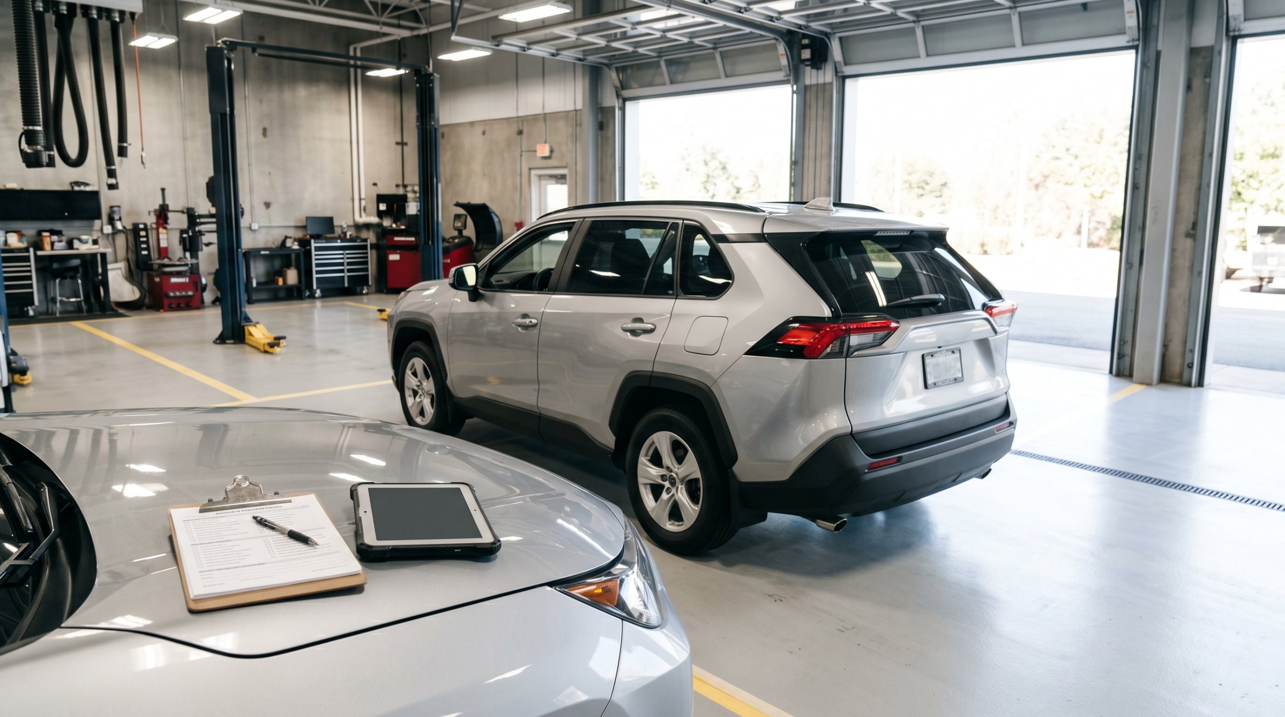 A silver SUV being inspected on a dealership service drive with a clipboard and tablet on a nearby vehicle hood representing tactical sourcing inside the store