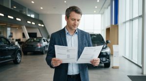 A car owner comparing a trade-in offer against a separate dealer offer at a dealership