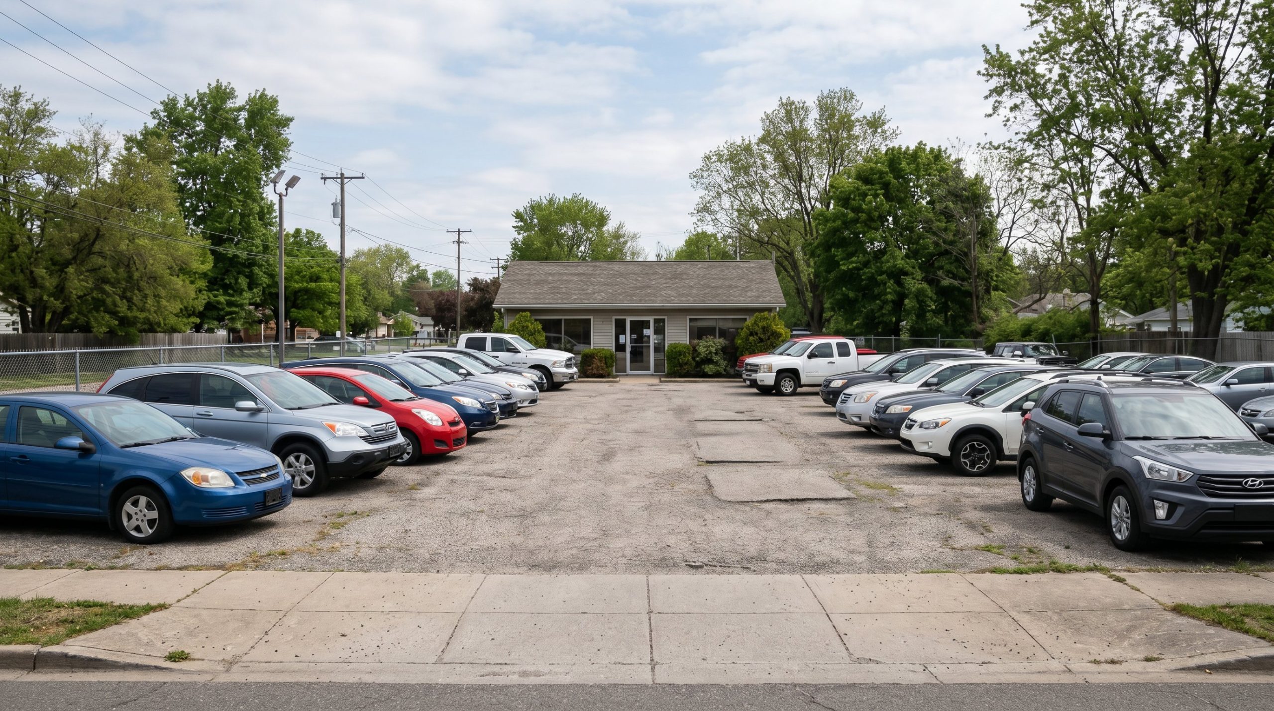 A small local used car lot with vehicles arranged in two rows and visible space on the lot representing constrained used car inventory in 2026