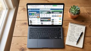 A laptop on a desk showing multiple browser tabs comparing different car selling platforms