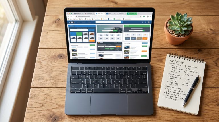 A laptop on a desk showing multiple browser tabs comparing different car selling platforms