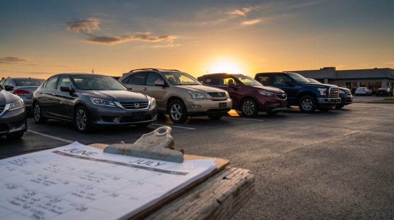 A row of used cars at a dealership lot at dusk with a calendar visible suggesting time-sensitive value decisions