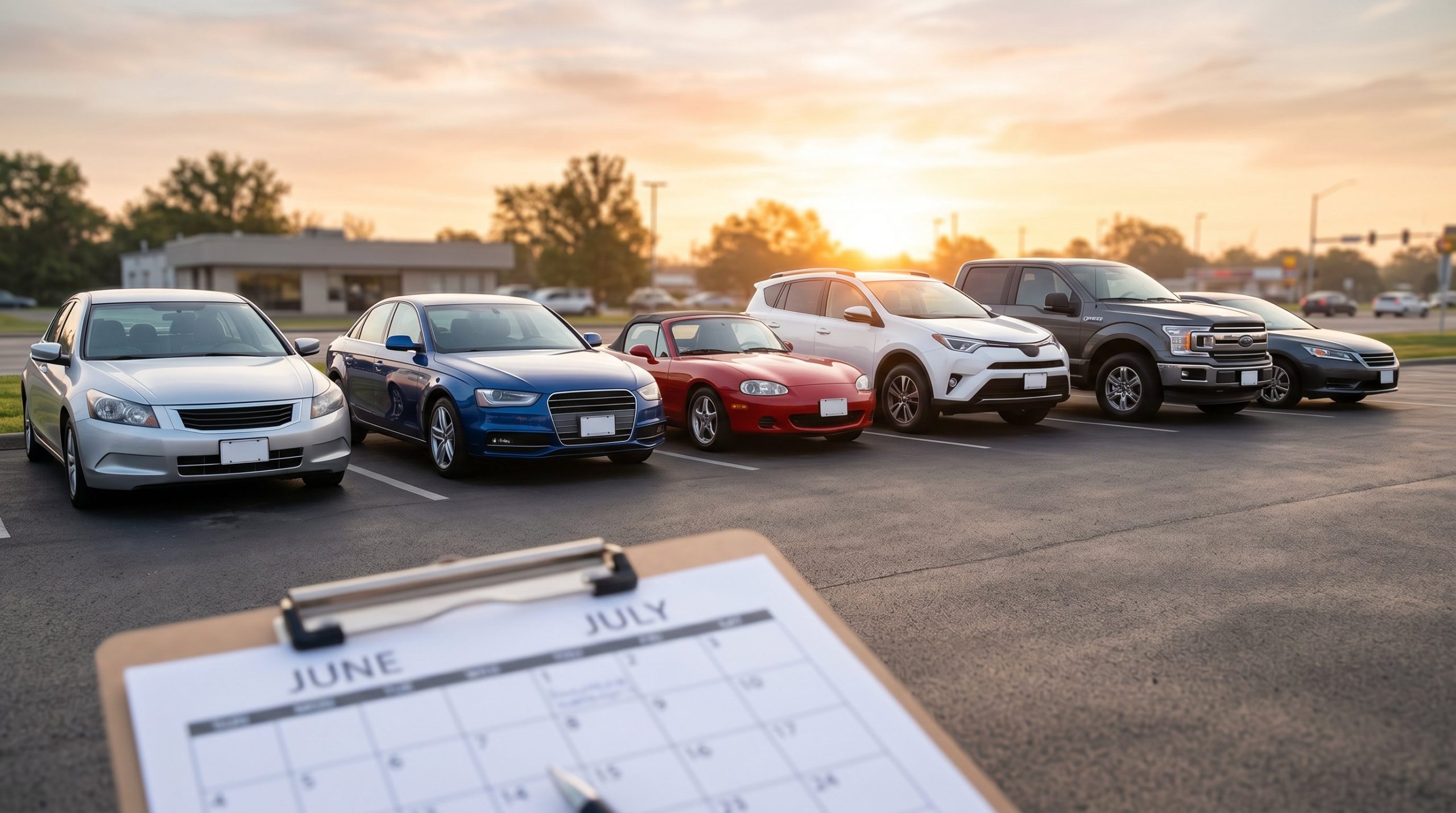 A row of used cars on a clean lot in morning light with a calendar visible suggesting a favorable timing window for sellers
