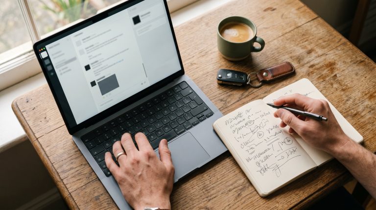A person taking notes by hand in a notebook while using a laptop with a chat interface visible representing thoughtful research using AI tools