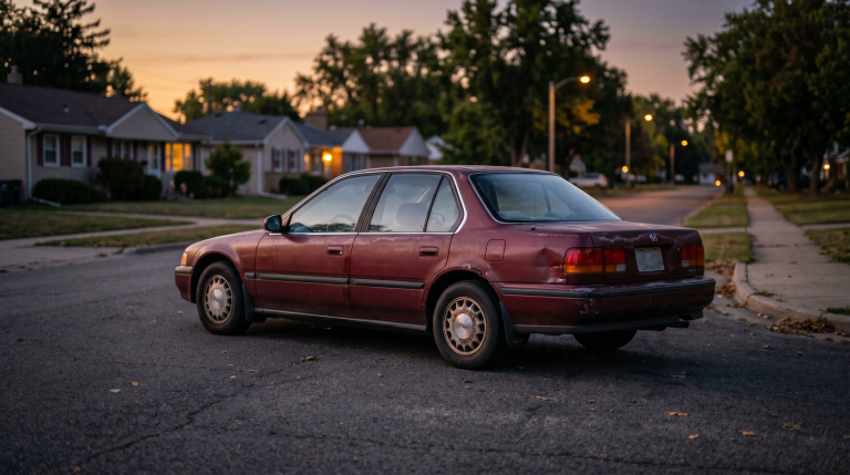an old, beaten up red car that peddle may buy