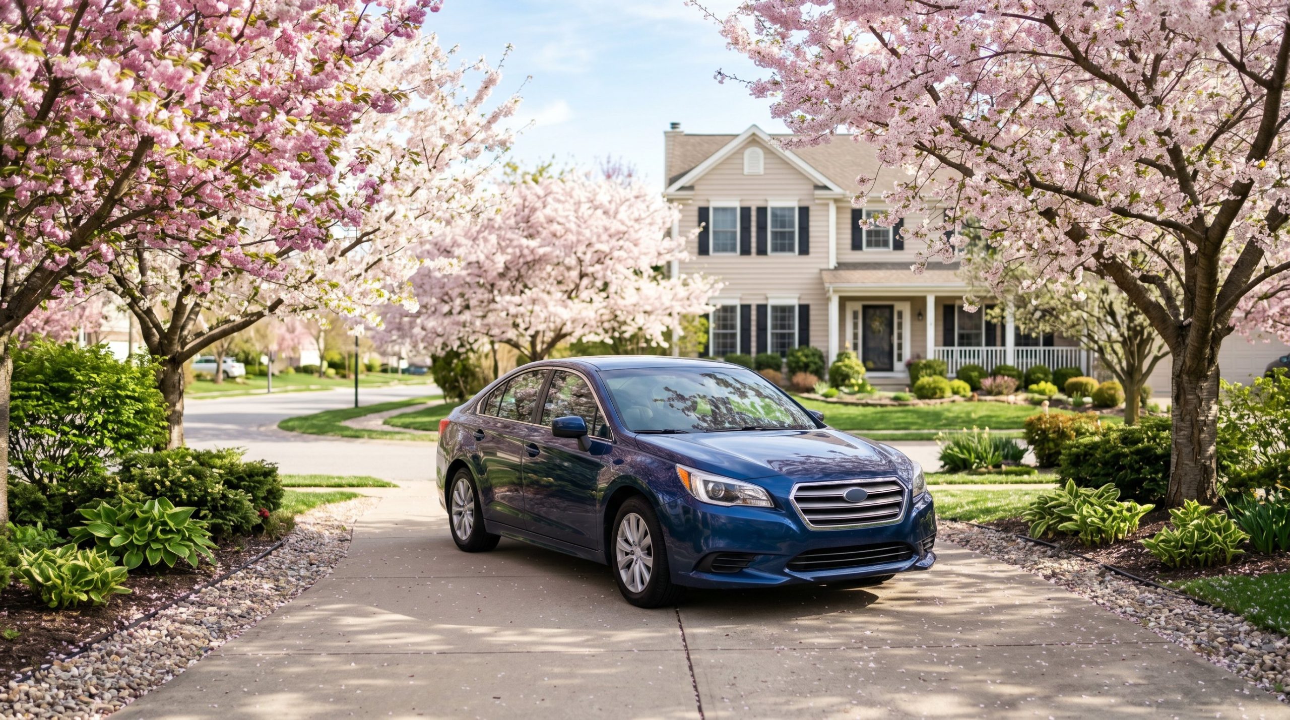 A car parked in a driveway during spring with blooming trees and warm sunlight indicating peak selling season