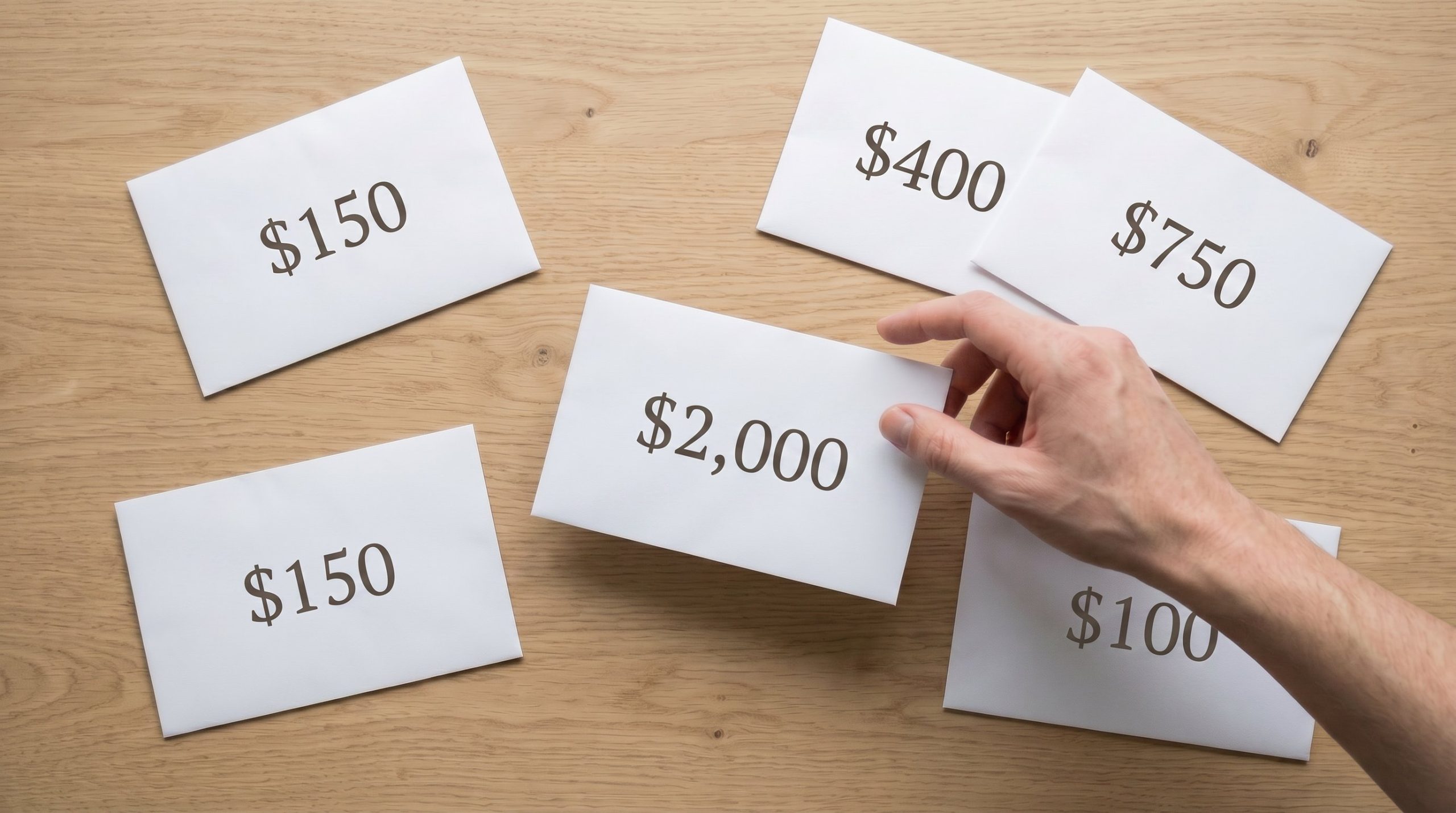 Multiple offer envelopes laid out on a desk with one clearly being chosen over the others